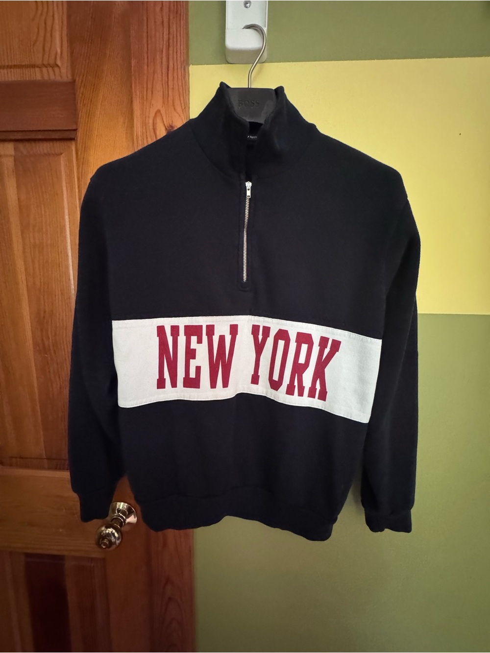 Brandy Melville Black Quarter-Zip Sweater with Red 'NEW YORK' Chest Print